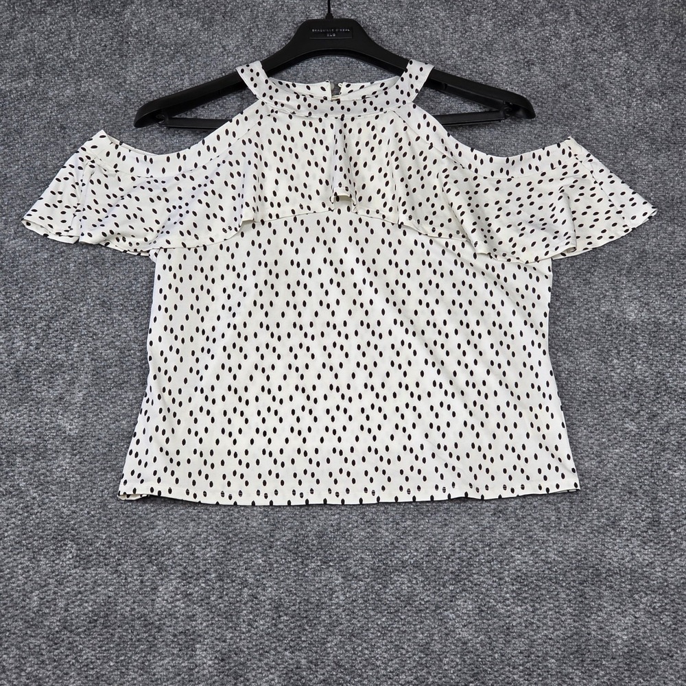 AUW Women XL Blouse White Black Polka Dot Cold Shoulder Ruffle High Neck